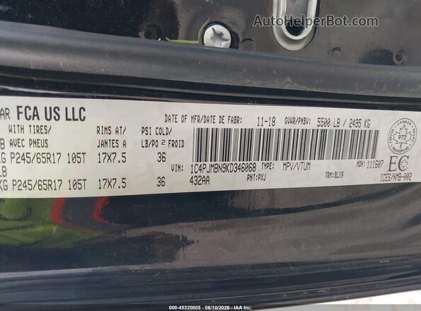 1C4PJMBN9KD346068 2019 JEEP CHEROKEE Black Вид підкапотного простору