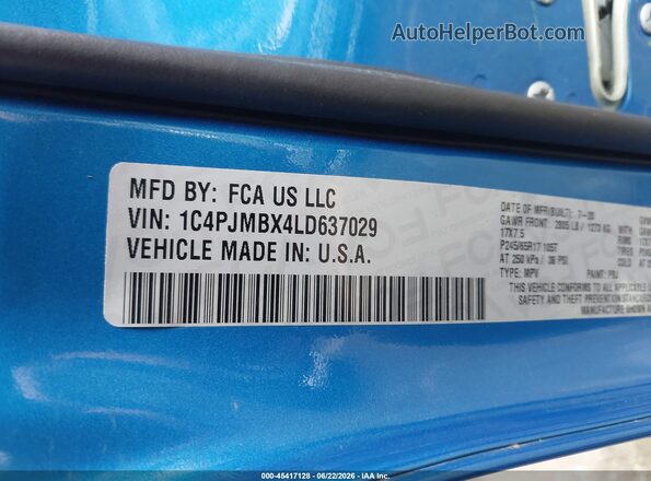 1C4PJMBX4LD637029 2020 JEEP CHEROKEE Синий Вид подкапотного пространства