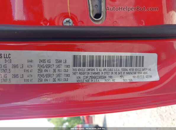 1C4PJMBX6KD309304 2019 JEEP CHEROKEE Red Widok komory silnika