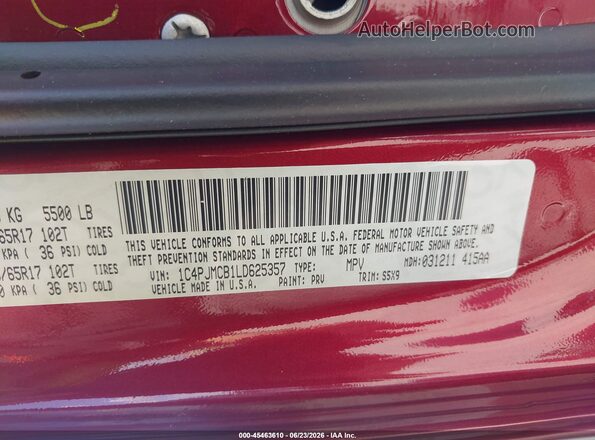 1C4PJMCB1LD625357 2020 JEEP CHEROKEE Red ძრავის განყოფილების ხედი