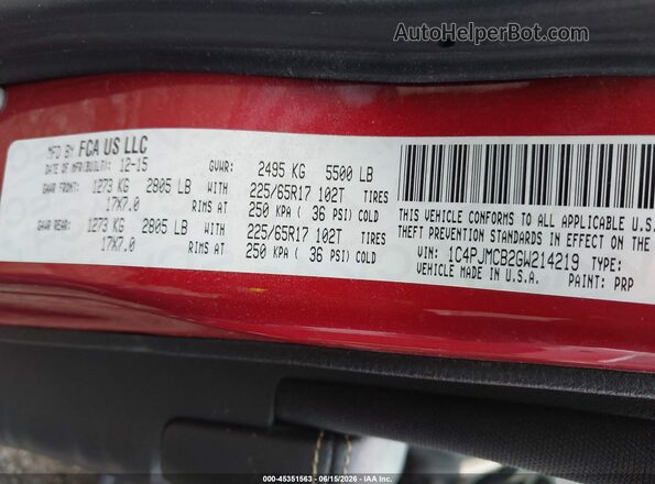 1C4PJMCB2GW214219 2016 JEEP CHEROKEE Red Engine compartment view