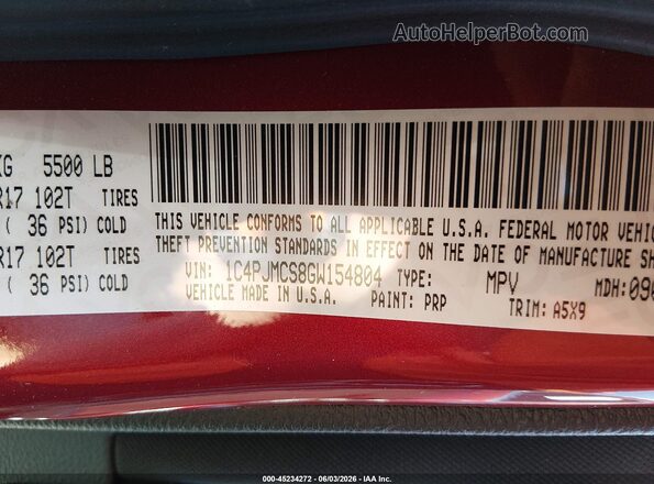 1C4PJMCS8GW154804 2016 JEEP CHEROKEE Red 