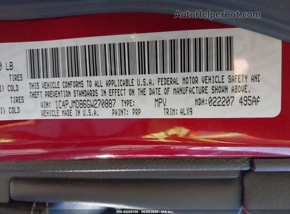 1C4PJMDB6GW270887 2016 JEEP CHEROKEE Red Vista del compartimento del motor