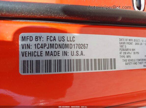1C4PJMDN0MD170267 2021 JEEP CHEROKEE Orange Widok komory silnika
