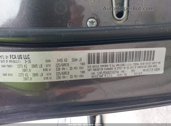 1C4PJMDN2KD163740 2019 JEEP CHEROKEE Серый Вид подкапотного пространства