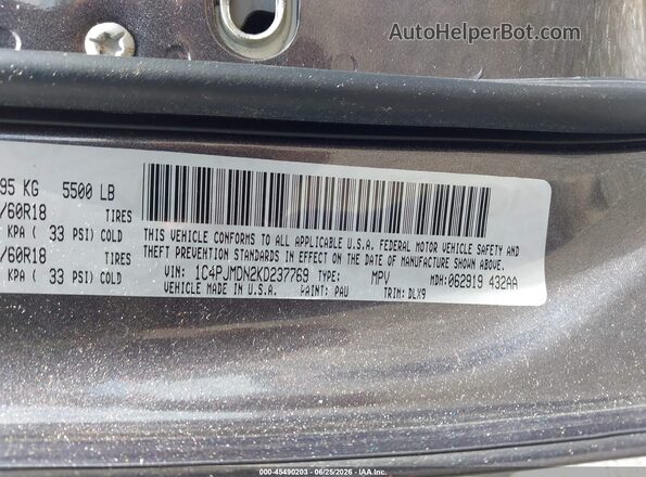 1C4PJMDN2KD237769 2019 JEEP CHEROKEE Gray Շարժիչի բաժամունքի տեսք
