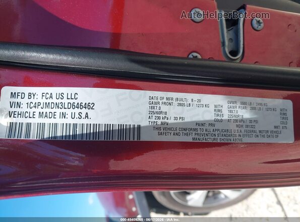 1C4PJMDN3LD646462 2020 JEEP CHEROKEE Burgundy Շարժիչի բաժամունքի տեսք