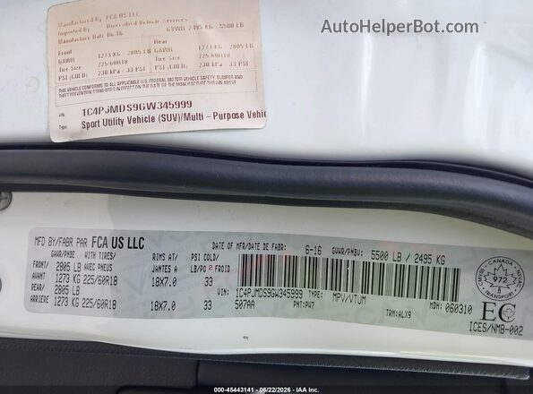 1C4PJMDS9GW345999 2016 JEEP CHEROKEE Белый Вид подкапотного пространства