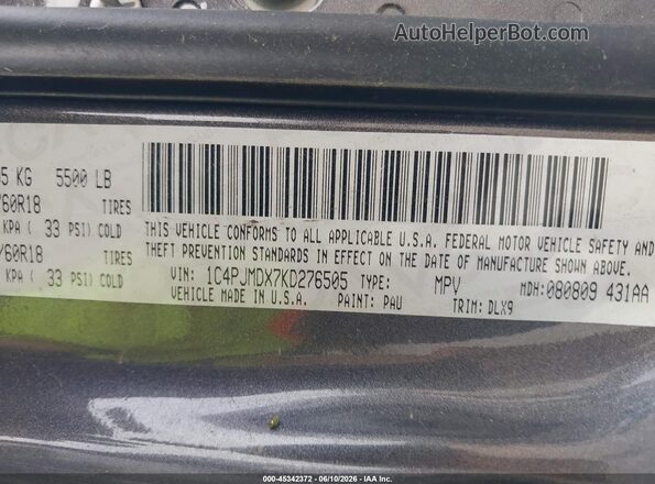 1C4PJMDX7KD276505 2019 JEEP CHEROKEE Gray Вид підкапотного простору