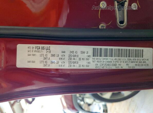1C4PJMDX8KD135068 2019 JEEP CHEROKEE Red Widok naklejki z numerem VIN
