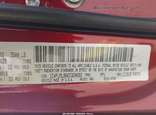 1C4PJMLB6KD320693 2019 JEEP CHEROKEE Red Vista del compartimento del motor