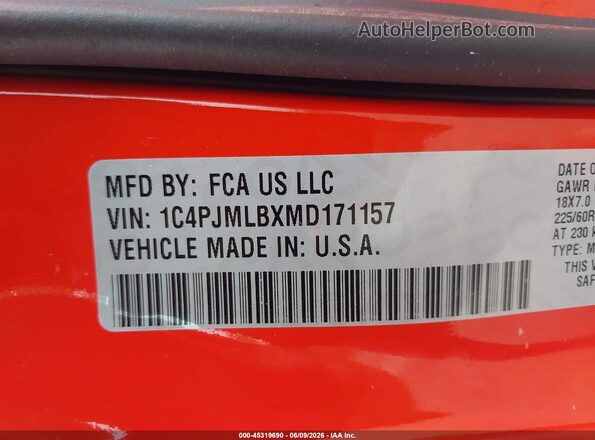 1C4PJMLBXMD171157 2021 JEEP CHEROKEE Orange Vista del compartimento del motor