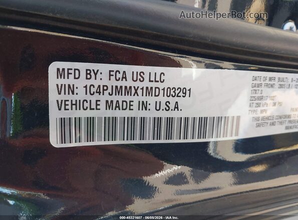 1C4PJMMX1MD103291 2021 JEEP CHEROKEE Черный Вид подкапотного пространства