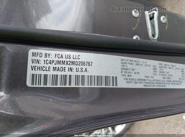 1C4PJMMX2MD206767 2021 JEEP CHEROKEE Gray Շարժիչի բաժամունքի տեսք
