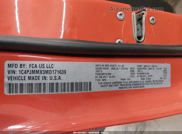 1C4PJMMX3MD171639 2021 JEEP CHEROKEE Orange Շարժիչի բաժամունքի տեսք