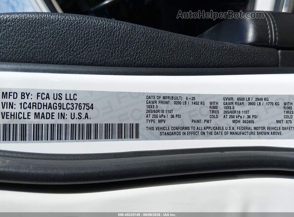 1C4RDHAG9LC376754 2020 DODGE DURANGO White Engine compartment view