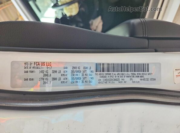 1C4RDHDG5HC906625 2017 DODGE DURANGO White VIN კოდის სტიკერის ხედი