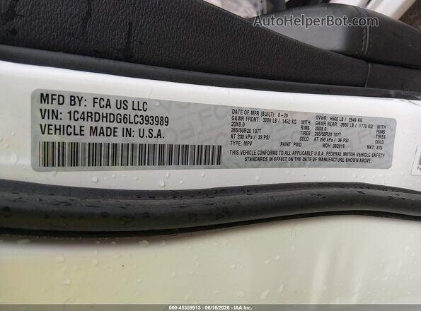 1C4RDHDG6LC393989 2020 DODGE DURANGO White Vista del compartimento del motor