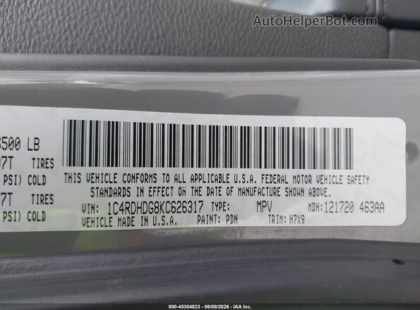 1C4RDHDG8KC626317 2019 DODGE DURANGO Gray Vista del compartimento del motor