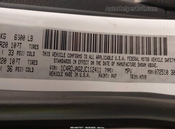 1C4RDJAG2JC112411 2018 DODGE DURANGO White Вид підкапотного простору