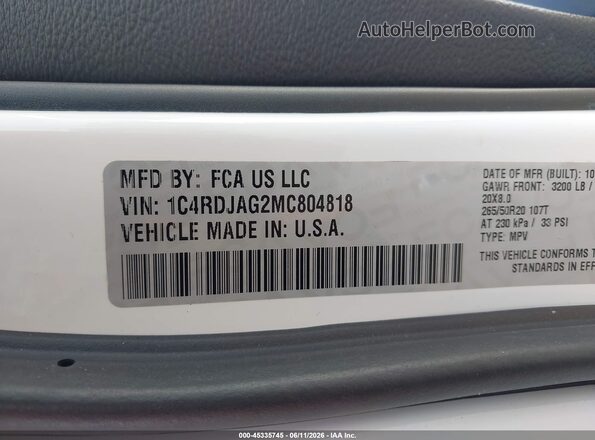 1C4RDJAG2MC804818 2021 DODGE DURANGO White Вид підкапотного простору