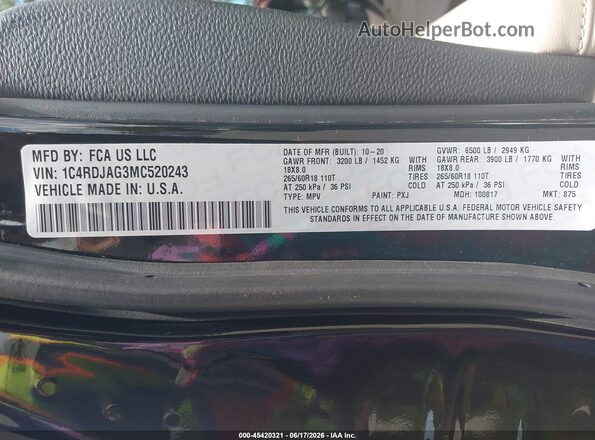 1C4RDJAG3MC520243 2021 DODGE DURANGO Black Engine compartment view