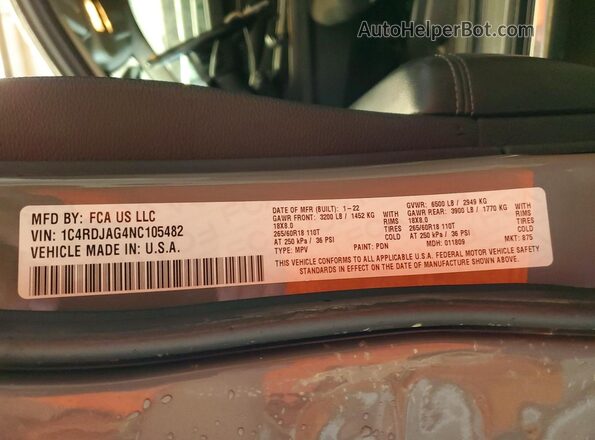 1C4RDJAG4NC105482 2022 DODGE DURANGO Gray 