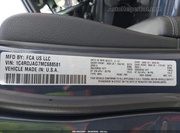 1C4RDJAG7MC688581 2021 DODGE DURANGO Синий Вид подкапотного пространства