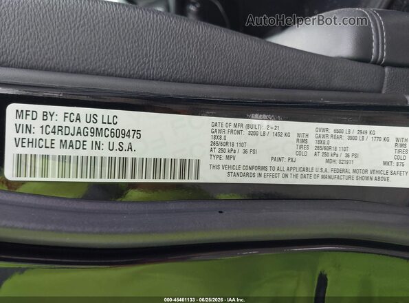 1C4RDJAG9MC609475 2021 DODGE DURANGO Black Вид підкапотного простору