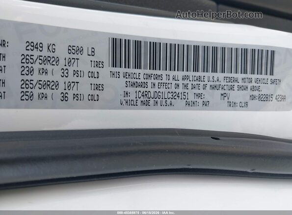 1C4RDJDG1LC324151 2020 DODGE DURANGO Gray Widok komory silnika