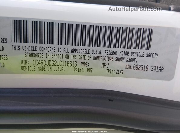 1C4RDJDG2JC116616 2018 DODGE DURANGO White Вид підкапотного простору