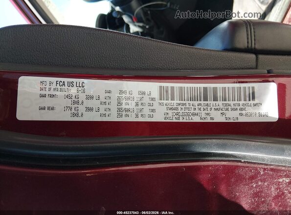 1C4RDJDG3GC484411 2016 DODGE DURANGO Burgundy Vista del compartimento del motor