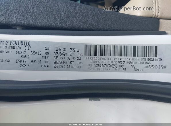 1C4RDJDG3HC785553 2017 DODGE DURANGO White Vista del compartimento del motor