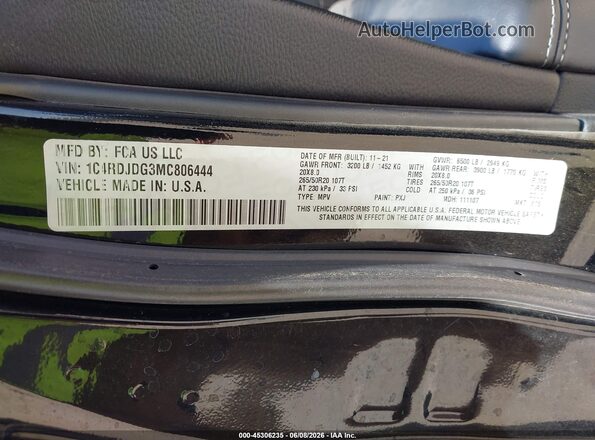 1C4RDJDG3MC806444 2021 DODGE DURANGO Black Widok komory silnika
