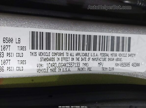 1C4RDJDG4KC557133 2019 DODGE DURANGO Silver ძრავის განყოფილების ხედი
