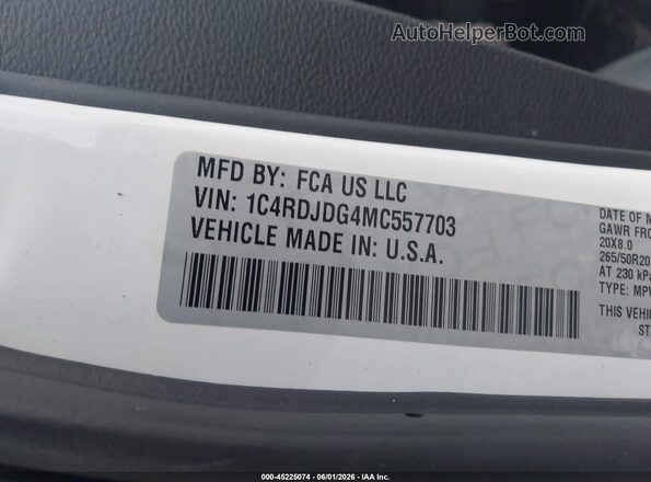 1C4RDJDG4MC557703 2021 DODGE DURANGO White Вид підкапотного простору