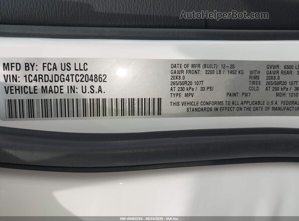1C4RDJDG4TC204862 2026 DODGE DURANGO White Շարժիչի բաժամունքի տեսք