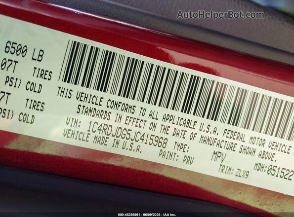 1C4RDJDG5JC415968 2018 DODGE DURANGO Red Vista del compartimento del motor