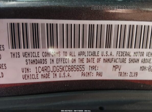 1C4RDJDG5KC685655 2019 DODGE DURANGO Gray ძრავის განყოფილების ხედი