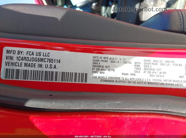 1C4RDJDG6MC765114 2021 DODGE DURANGO Red Շարժիչի բաժամունքի տեսք