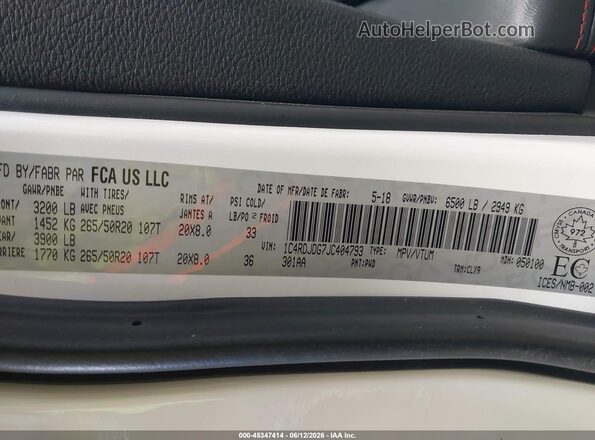1C4RDJDG7JC404793 2018 DODGE DURANGO White Widok komory silnika