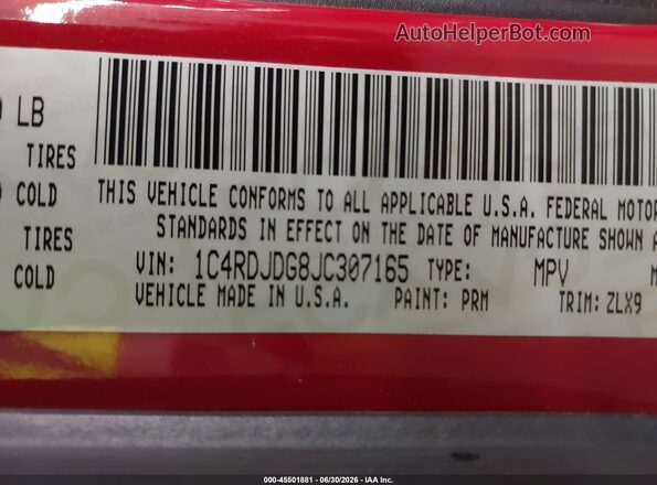 1C4RDJDG8JC307165 2018 DODGE DURANGO Red Engine compartment view
