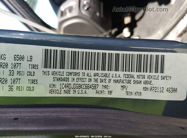 1C4RDJDG8KC664587 2019 DODGE DURANGO Blue Вид підкапотного простору