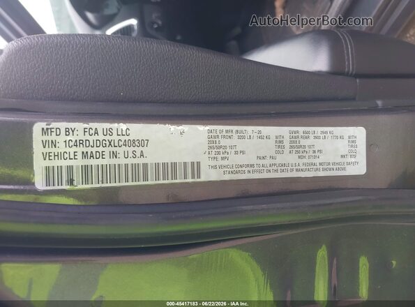 1C4RDJDGXLC408307 2020 DODGE DURANGO Gray Вид підкапотного простору