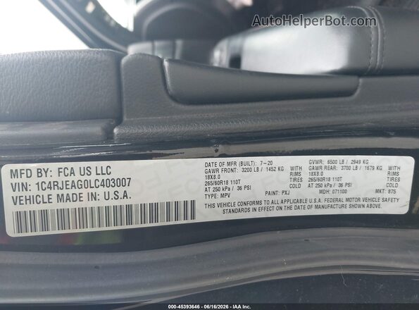 1C4RJEAG0LC403007 2020 JEEP GRAND CHEROKEE Black Շարժիչի բաժամունքի տեսք