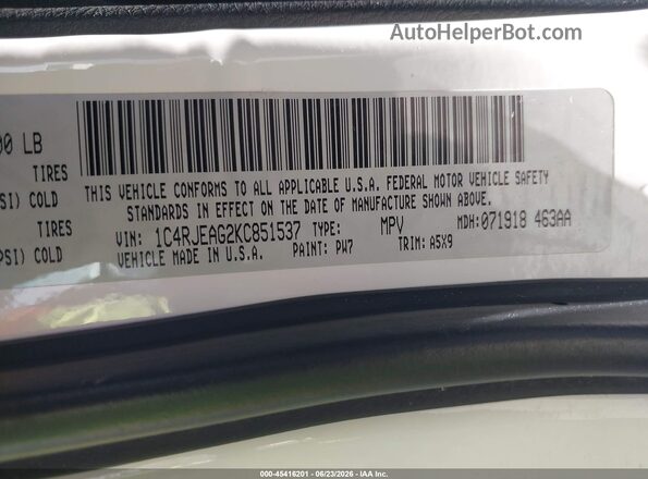1C4RJEAG2KC851537 2019 JEEP GRAND CHEROKEE White Вид підкапотного простору