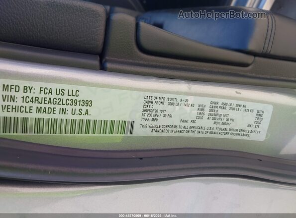 1C4RJEAG2LC391393 2020 JEEP GRAND CHEROKEE Gray Շարժիչի բաժամունքի տեսք