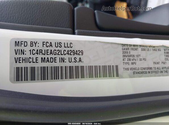 1C4RJEAG2LC429429 2020 JEEP GRAND CHEROKEE White Շարժիչի բաժամունքի տեսք