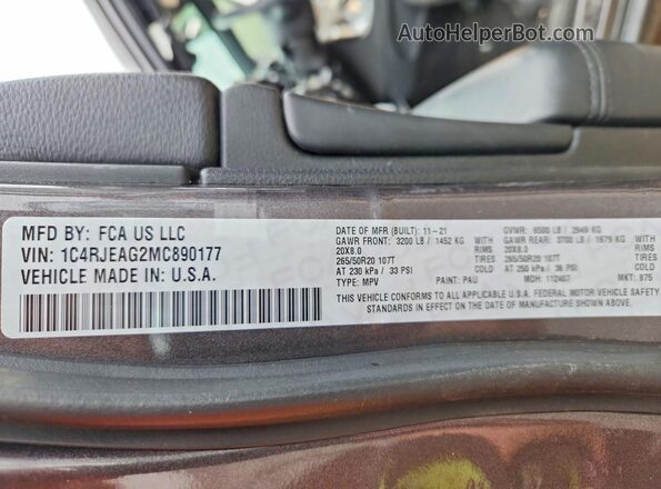 1C4RJEAG2MC890177 2021 JEEP GRAND Gray Vista de la etiqueta del VIN
