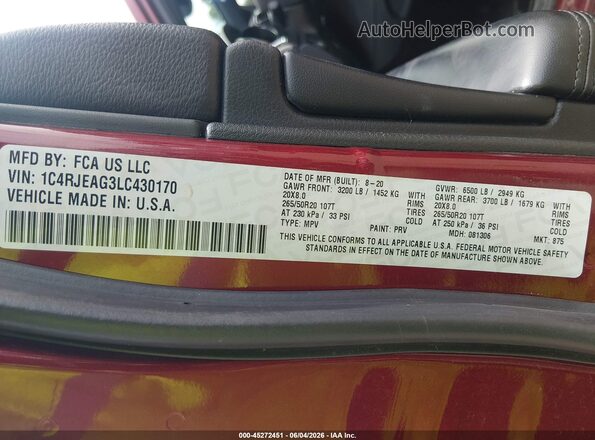 1C4RJEAG3LC430170 2020 JEEP GRAND CHEROKEE Красный Вид подкапотного пространства